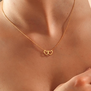 Collana con doppio cuore in oro 14k: grazioso ciondolo a forma di cuore intrecciato, regalo di gioielli minimalista per la fidanzata