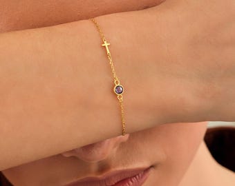Cross Bracelet with Birthstone, Dainty Cross Birthstone Bracelet, Birthday Birthstone Bracelet for Woman, Confirmation Gift, Baptism Gift