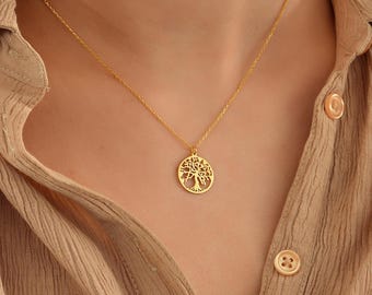 Árbol de la Vida Celta de Oro de 14k, Collar Árbol de la Vida Familiar, Colgante Yggdrasil, Joyería Minimalista para Uso Diario, Regalos de Navidad