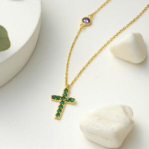 Birthstones Cross Necklace, Gold Emerald Cross Necklace, Gift for Her, Christmas Gift, Confirmation Gift, Baptism Gift, Minimalist Necklace
