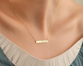 Personalized Gold Bar Necklace: Custom Engraved Sterling Silver or 14k Solid Gold