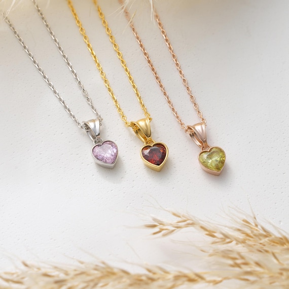 14K Gold Heart Birthstone Necklace: Personalized Birthstone Charm, Minimalist Custom Birth Month Jewelry
