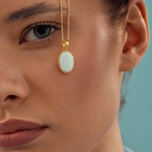 Dainty Oval Opal Pendant, 14k Gold White Sterling Opal Necklace, Minimalist Gemstone Statement Layering Necklace, Delicate Mother's Day Gift