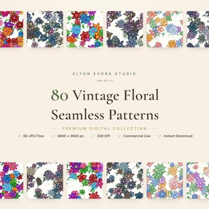 80 Vintage Floral Seamless Patterns, Digital Paper Pack, Floral JPG Bundle, Scrapbook Paper, Fabric Print, Wrapping Paper, Commercial Use
