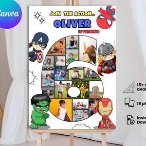 Superheroes 6th Birthday Sign. Avengers Inspired Welcome Party Sign. Birthday Boy Party Decor. Printable Superheroes Birthday. Photo Collage