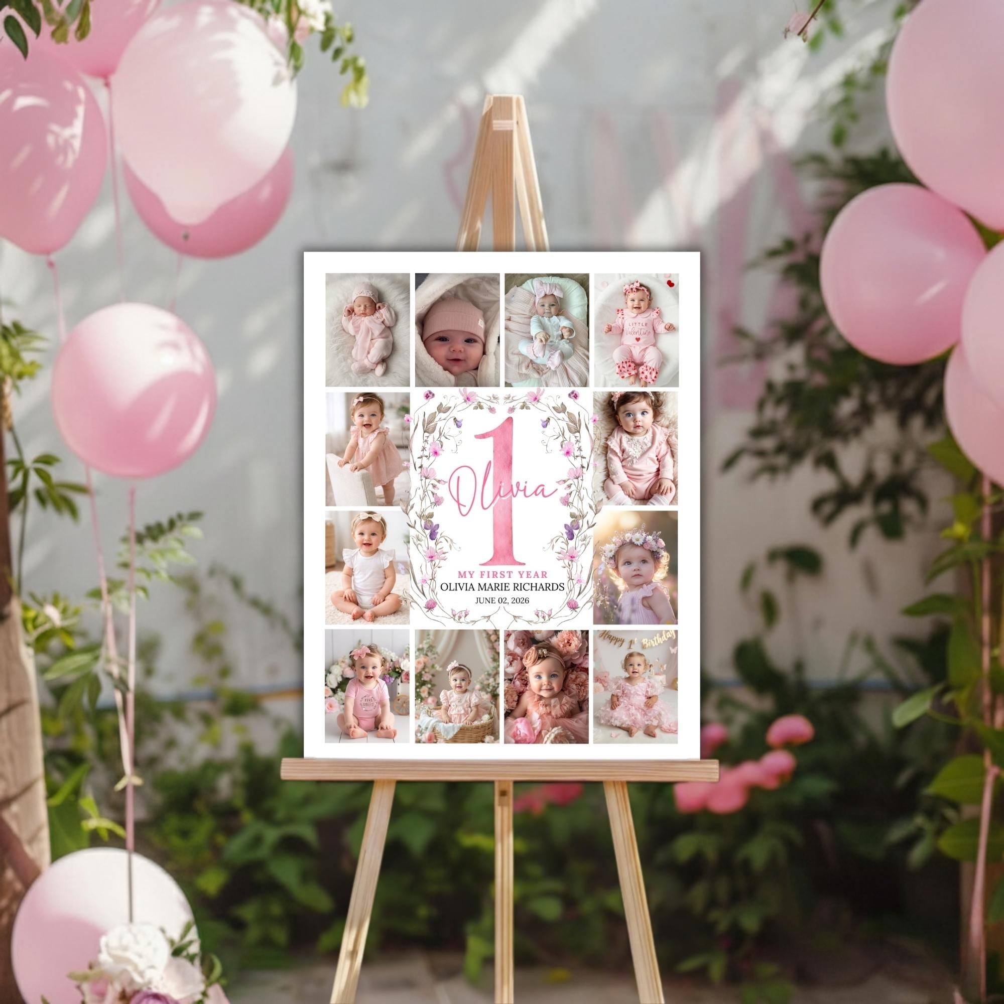 Editable First Birthday Poster, Photo Board. Baby Girl 1st Year ...