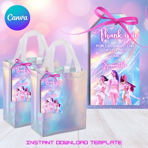May include: Two iridescent gift bags with white handles and pink tags that read "Thank you" with the name "Samantha". The tags feature a graphic of three women in white outfits. A larger tag with the same design is also visible. The words "Instant Download Template" are at the bottom.