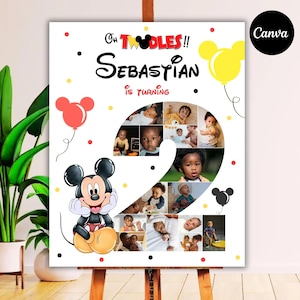 May include: A white birthday poster featuring a collage of baby photos in the shape of a number 2. The poster includes a Mickey Mouse illustration, balloons, and the text "Oh Toodles!! Sebastian is turning 2."