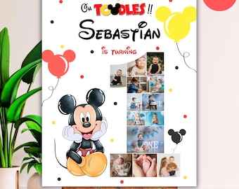 May include: A white poster with a Mickey Mouse illustration and the text "Oh Toodles!! Sebastian is turning". The poster includes a collage of baby photos, red and yellow balloon graphics, and black polka dots. The Canva logo is in the upper right corner.