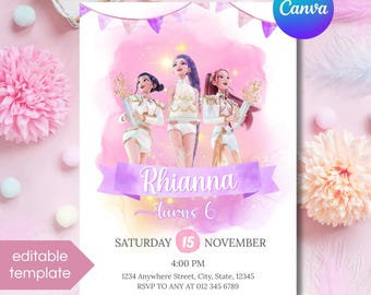 Editable Birthday Invitation. Kpop Girls Anime Party Theme. Watercolor Design. Canva Template (Digital Download)