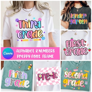 Pode incluir: Coleção de camisetas com designs de níveis escolares. As camisas apresentam as palavras "Third Grade", "Kindergarten", "First Grade", "Fifth Grade", "Pre-K" e "Second Grade" em fontes coloridas e divertidas. Cada camisa tem elementos decorativos únicos.