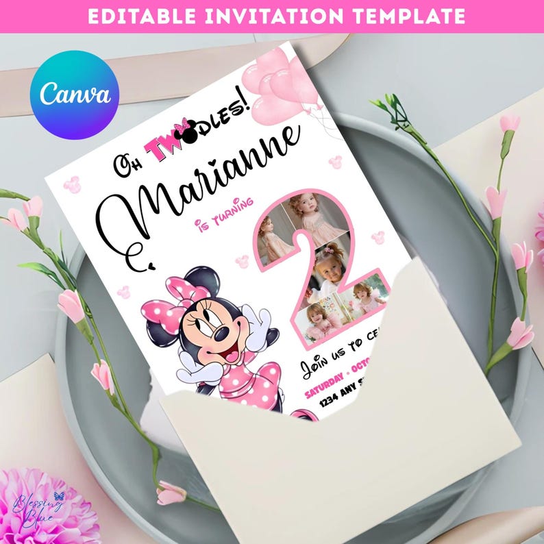 Girl Mouse 2nd Birthday Invitation: Photoc ollage, Oh TWOdles! (Canva Editable Template)