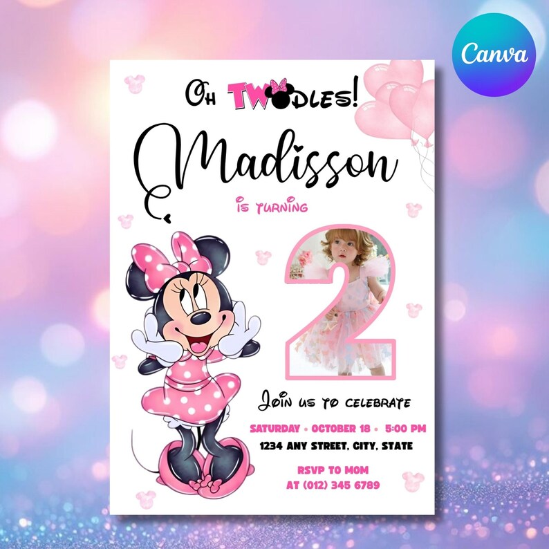 Girl Mouse 2nd Birthday Invitation: Photoc ollage, Oh TWOdles! (Canva Editable Template)