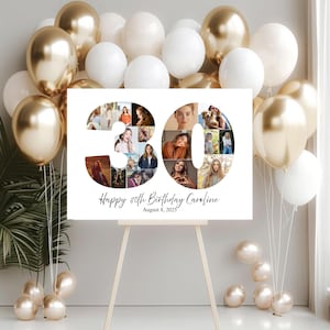 Può includere: Un cartello bianco con il numero "30" composto da più foto, esposto su un cavalletto di legno. Il cartello recita "Happy 30th Birthday Caroline" e "August 8, 2025". Palloncini dorati e bianchi decorano lo sfondo.