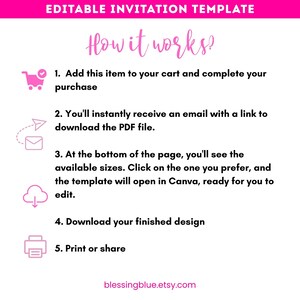 May include: White background with pink text that reads "EDITABLE INVITATION TEMPLATE" and "How it works?" followed by numbered steps. The steps explain how to purchase, download, and edit a template. The Etsy shop name "blessingblue.etsy.com" is at the bottom.