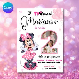 Girl Mouse 2nd Birthday Invitation: Photoc ollage, Oh TWOdles! (Canva Editable Template)