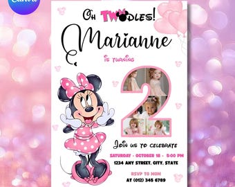Girl Mouse 2nd Birthday Invitation: Photo, Oh TWOdles! (Canva Editable Template)