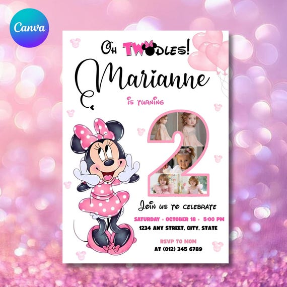 Minnie Mouse 2nd Birthday Invitation: Photo, Oh TWOdles! (Canva Editable)