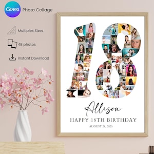 Birthday 18 Photo Collage Template, Birthday Gift, 18 Birthday Party Sign, Printable, Gift for Girlfriend, Gift for Him, Gift for Daughter