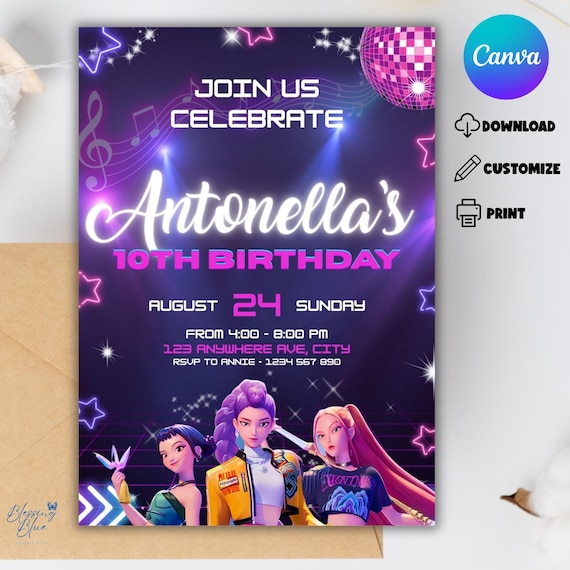 Kpop Anime Girls Birthday Invitation, Editable Printable Canva