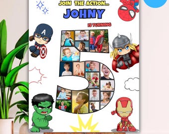 Cartel de collage de fotos de superhéroes para el 5.º cumpleaños: Cartel de bienvenida de superhéroes, decoración para fiestas (descarga digital)