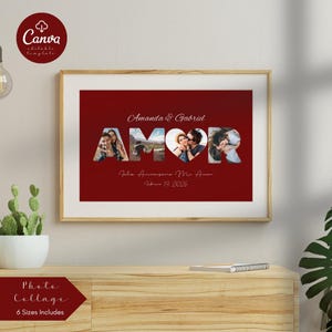 May include: A framed photo collage with the word "AMOR" in large letters, each letter containing a different photo of a couple. The names "Amanda & Gabriel" are above the word, and text below reads "Feliz Aniversario Mi Amor, February 14, 2026".