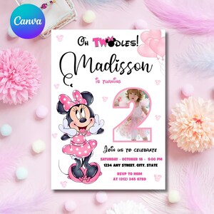 Girl Mouse 2nd Birthday Invitation: Photoc ollage, Oh TWOdles! (Canva Editable Template)