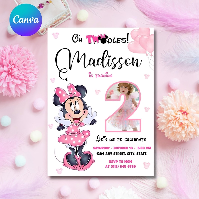 Girl Mouse 2nd Birthday Invitation: Photoc ollage, Oh TWOdles! (Canva Editable Template)