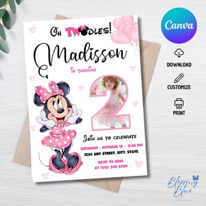 Girl Mouse 2nd Birthday Invitation: Photoc ollage, Oh TWOdles! (Canva Editable Template)