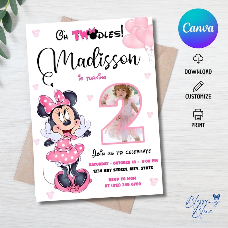 Girl Mouse 2nd Birthday Invitation: Photoc ollage, Oh TWOdles! (Canva Editable Template)