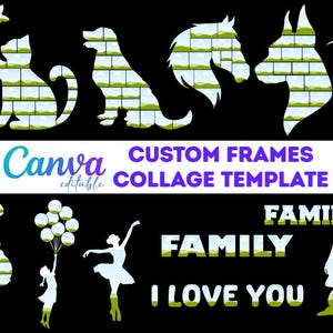 May include: Black graphic with white silhouettes of a cat, dog, horse, and hummingbird, each filled with a landscape design. The image includes the text "Canva" and "CUSTOM FRAMES COLLAGE TEMPLATE". Additional silhouettes of a pregnant person, a child with balloons, and a ballerina are also present.