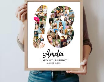 18th Birthday Photo Collage: Customizable Number 18 (Canva Template - Digital Download)