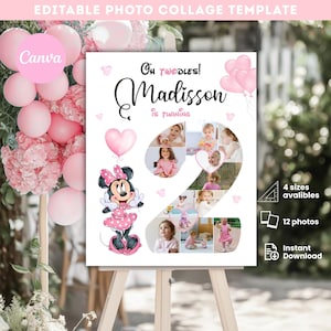 Minnie Maus 2 Geburtstag Willkommensschild: Fotocollage, bearbeitbare Canva Vorlage (Digitaler Download)