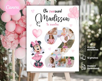 Minnie Mouse 2nd Birthday Welcome Sign: Photo Collage, Editable Canva Template (Digital Download)