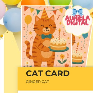 Ginger Cat Birthday Card, Orange Cat Party Printable, Sweet Kitty Birthday Download