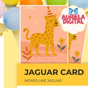 Cartão de aniversário de onça, cartão de felicitações de animais para crianças para imprimir, cartão de aniversário divertido para festa de onça