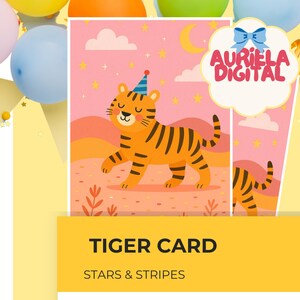 Cartão de aniversário de tigre, cartão de festa de animal para impressão, saudação divertida de aniversário com estrelas e listras