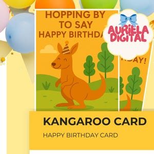 Bearbeitbare Känguru-Geburtstagskarte, hüpft vorbei, um alles Gute zum Geburtstag zu sagen, druckbare Kinderkarte Canva-Vorlage, sofortiger Download