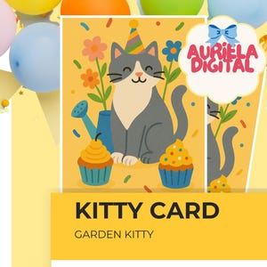 Cartão de aniversário de gatinho, cartão fofo para festa no jardim com gatinho, cartão para impressão de gato, download instantâneo