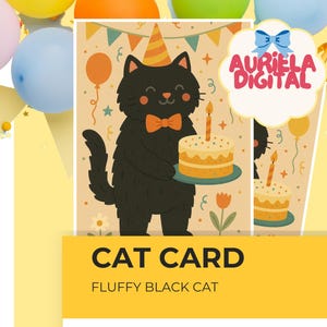 Carte d'anniversaire pelucheuse de chat noir, partie imprimable de mignon kitty noir, téléchargement d'amant de chat