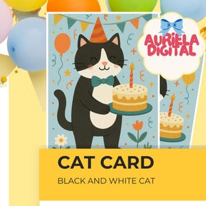 Carte d'anniversaire chat noir et blanc, smoking chat fête imprimable, carte chat modifiable