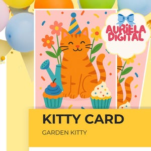 Cartão de aniversário de gato laranja, festa de jardim com gatinho fofo para imprimir, download instantâneo