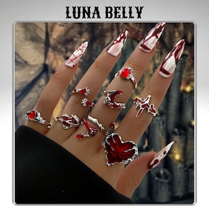 8pcs Gothic Punk Red Enamel Heart & Spider Ring Set – Silver Crescent Moon, Rhinestone Multi-Element Statement Rings for Women