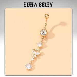 Gold Butterfly Belly Button Ring – Dangle Crystal Navel Piercing Jewelry for Women, Cute Feminine Body Charm, Gift for Her Summer Look