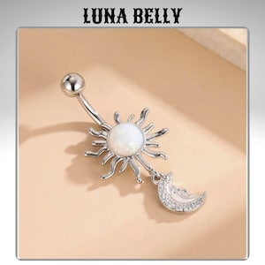 Sun and Moon Belly Button Ring – Opal Navel Piercing with Crystal Crescent Charm, Silver Celestial Body Jewelry, Witchy Gift for Her