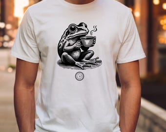 Frog Holding Tea Cup T-Shirt | Vintage Ink Illustration, Tea Time