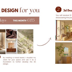 May include: A mood board for interior design services, featuring images of a living room, a kitchen, and a plant. The text "READY IN 5 days" and "THIS MONTH €65" is visible. The mood board is part of a two-step process, with the second step being 3D design.