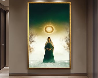 Mystical Virgin Mary Wall Art in Green Robe with Radiant Halo and Snowy Forest, Sacred Christian Canvas Print for Faithful Home Decor