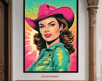 Retro Cowgirl Pop Art Wall Print with Pink Hat and Western Shirt on Colorful Comic Background for Bold Country Rodeo Room Decor Pop Wall Art