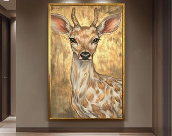 Golden Deer Painting on Canvas, Elegant Wildlife Wall Art, Hand Painted Animal Artwork, Modern Gold Home Decor, Rustic Nature Gift for Her